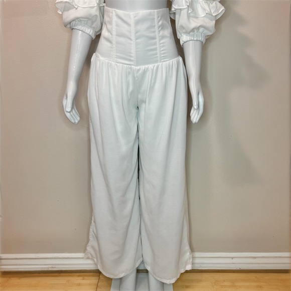 White off the shoulder ruffle crop top high waisted wide leg pants set - Picture 5 of 8